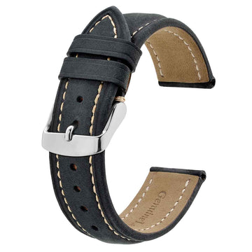 Vintage Crazy Horse Leather Watch Straps, Black with Beige Stitching