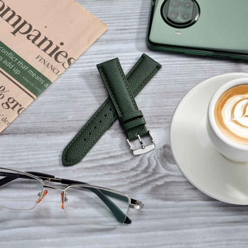Texture Leather Watch Straps with Quick Release Spring Bars, Dark Green